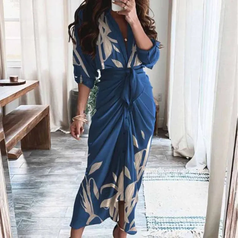 Summer Bandage Shirt Dress Button Ruched Casual Printed Party Dress - Image 15