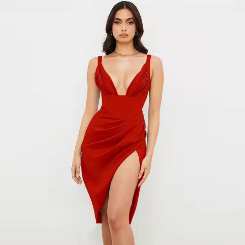 V Neck Spaghetti Strap Satin White Dress for Women, Elegant Night Outfit - Image 3
