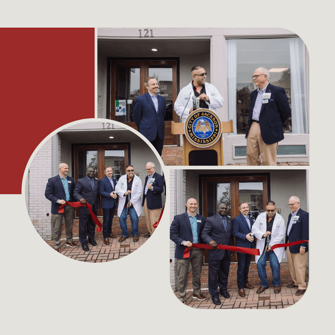 Collage featuring Easykale Labs LLC Ribbon Cutting Ceremony in a deep red theme, showcasing Bilal, Richard Sun, Todd Stauffer, and key personalities.