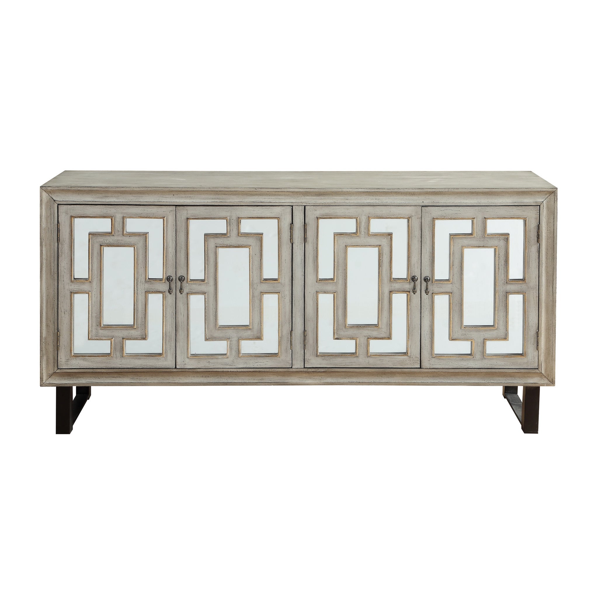 Paradise West Home Light Grey Geometric Four Door Credenza with Mirror Panels