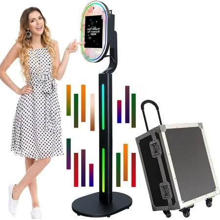 13.3 Inch Portable Mirror Photo Booth with Camera Magic Mirror Selfie Photobooth Machine Touch Screen with Round Ring Light and Trolley Flight Case