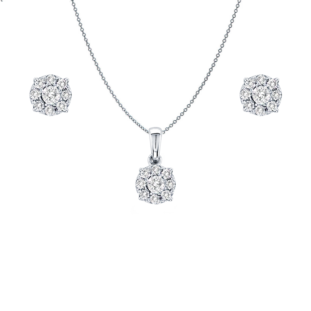 Daytime Diamond Cluster Stud Earrings And Necklace Set In White