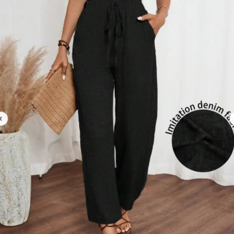 Women’s Casual Side Lace Solid Denim Effect Long Pants
