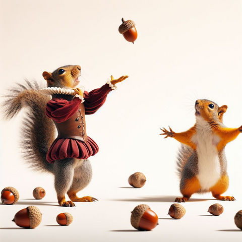 A determined squirrel winds up for an acorn throw with a dramatic pose, reminiscent of a Shakespearean actor, while another squirrel throws an acorn with perfect form and a triumphant Acorn Salute.