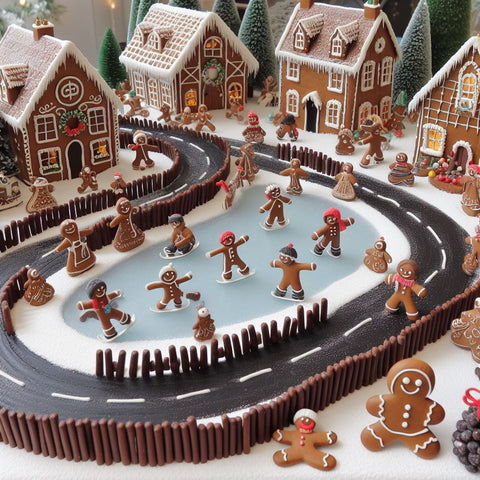 gingerbread village with skaters
