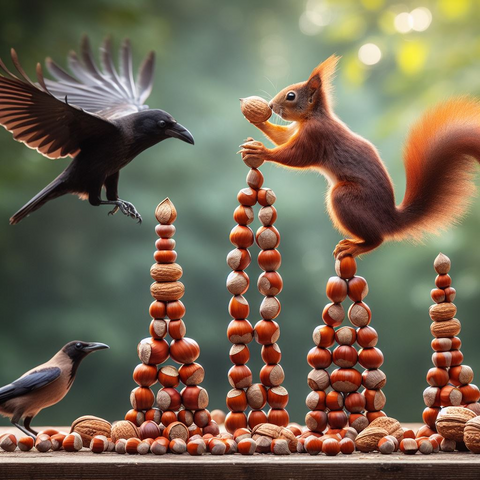 A squirrel Olympian meticulously balances hazelnuts on top of each other to create an impressive castle, while a crow swoops down to try to steal some nuts.