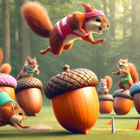 A squadron of squirrels, clad in brightly colored athletic shorts and leaping about
