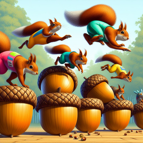 A squadron of squirrels, clad in brightly colored athletic shorts, leaping in unison over a field of giant acorns