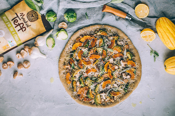 Teff Pizza with Squash, Brussels Sprouts and Mushrooms