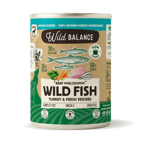 Comida natural lata de pescado y pavo para perro Wild Balance