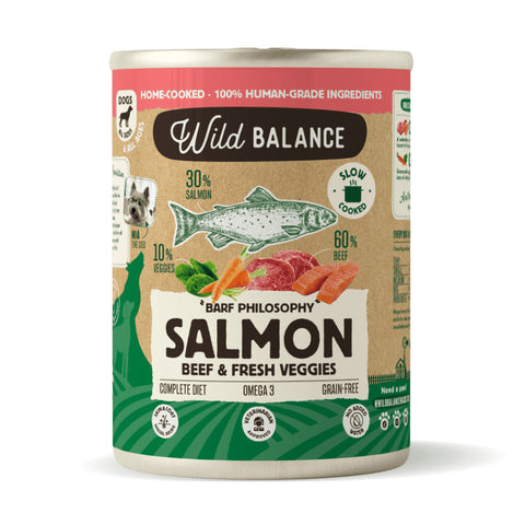 Comida natural lata de salmon y ternera para perro Wild Balance