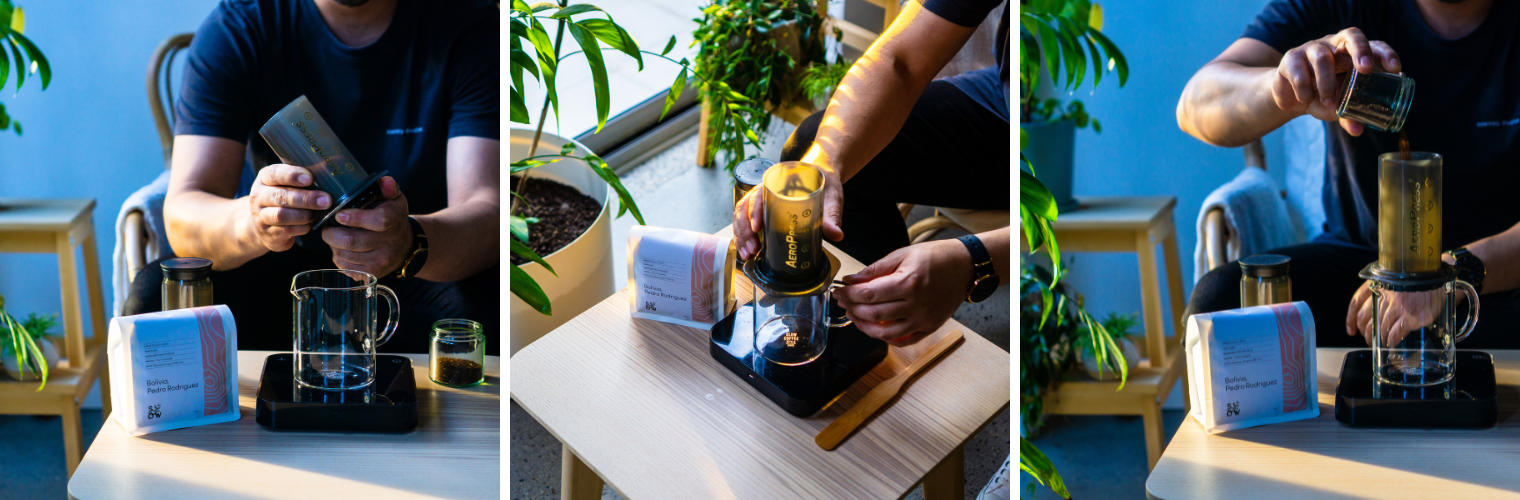 Three photos of Charlie setting up the Aeropress to prepare Sow coffee.