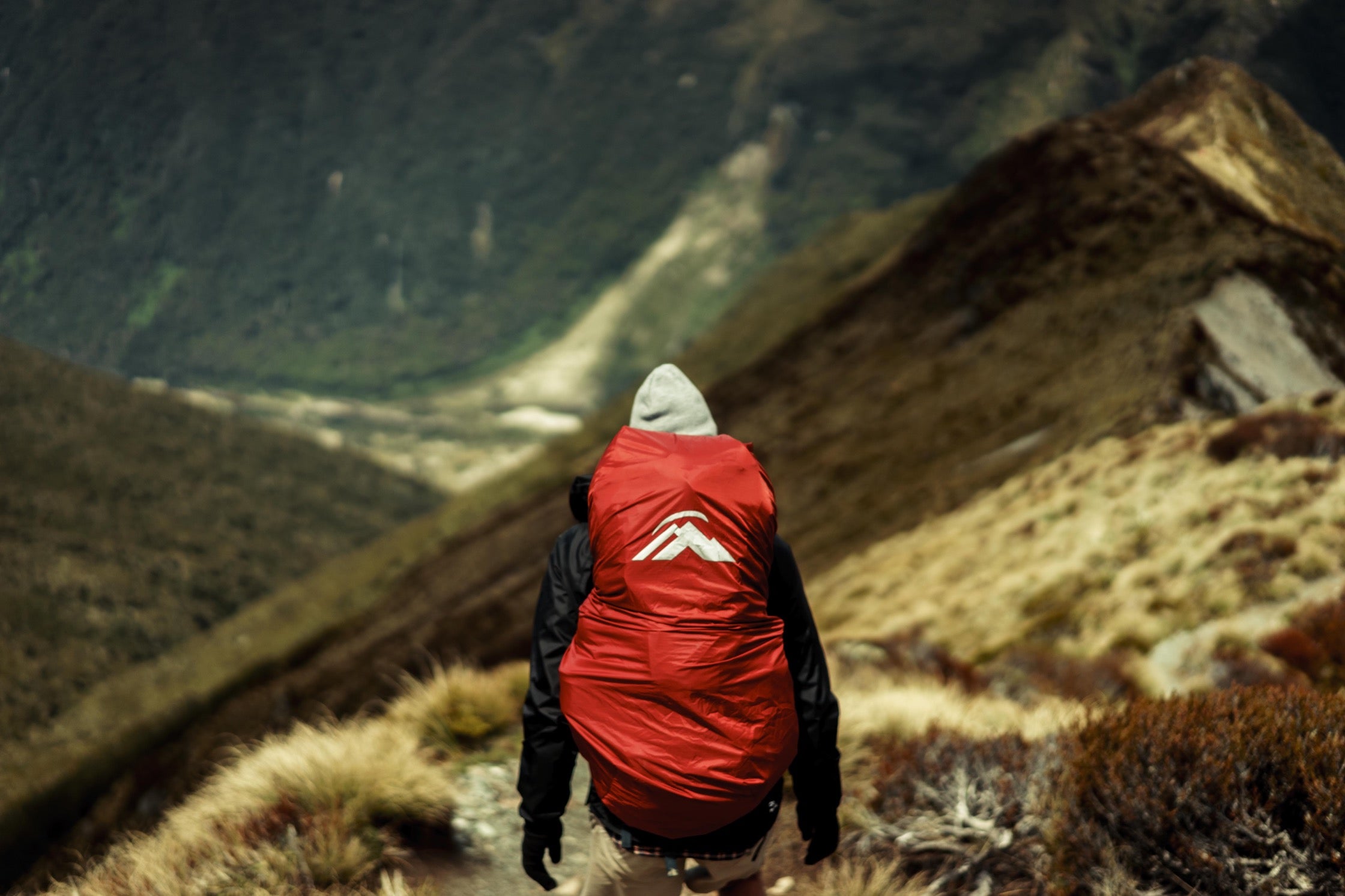 A hiker carrying a red pack walks a grassy trail in the mountains.