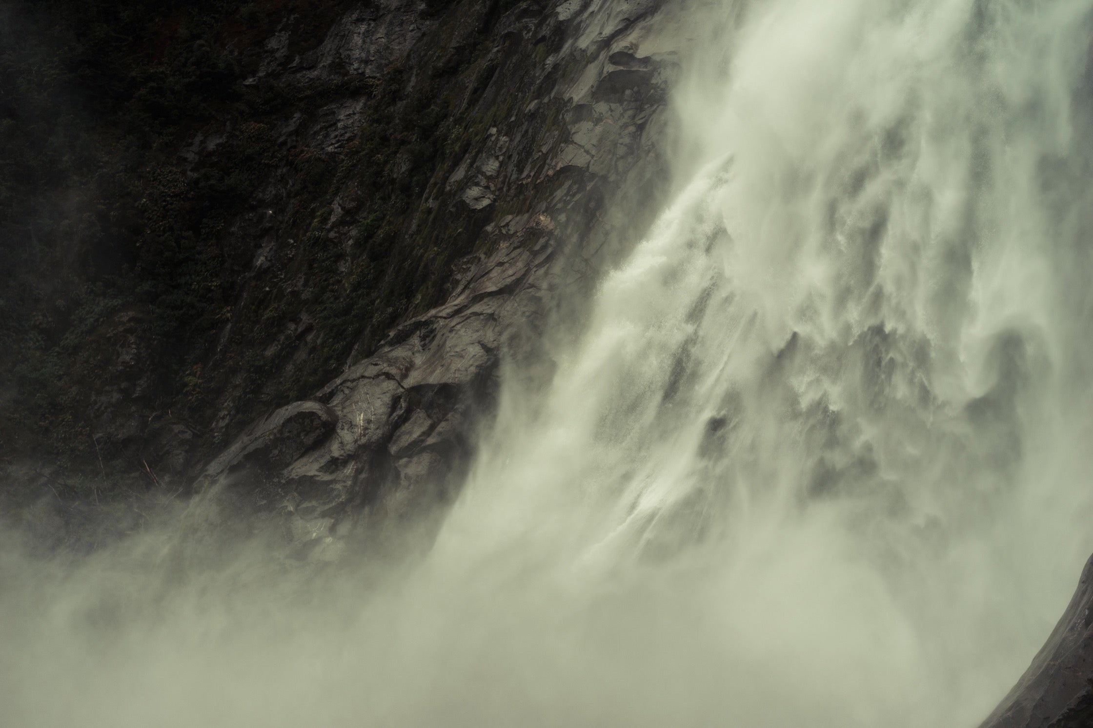 Close-up view of the waterfall at Milford Sound.