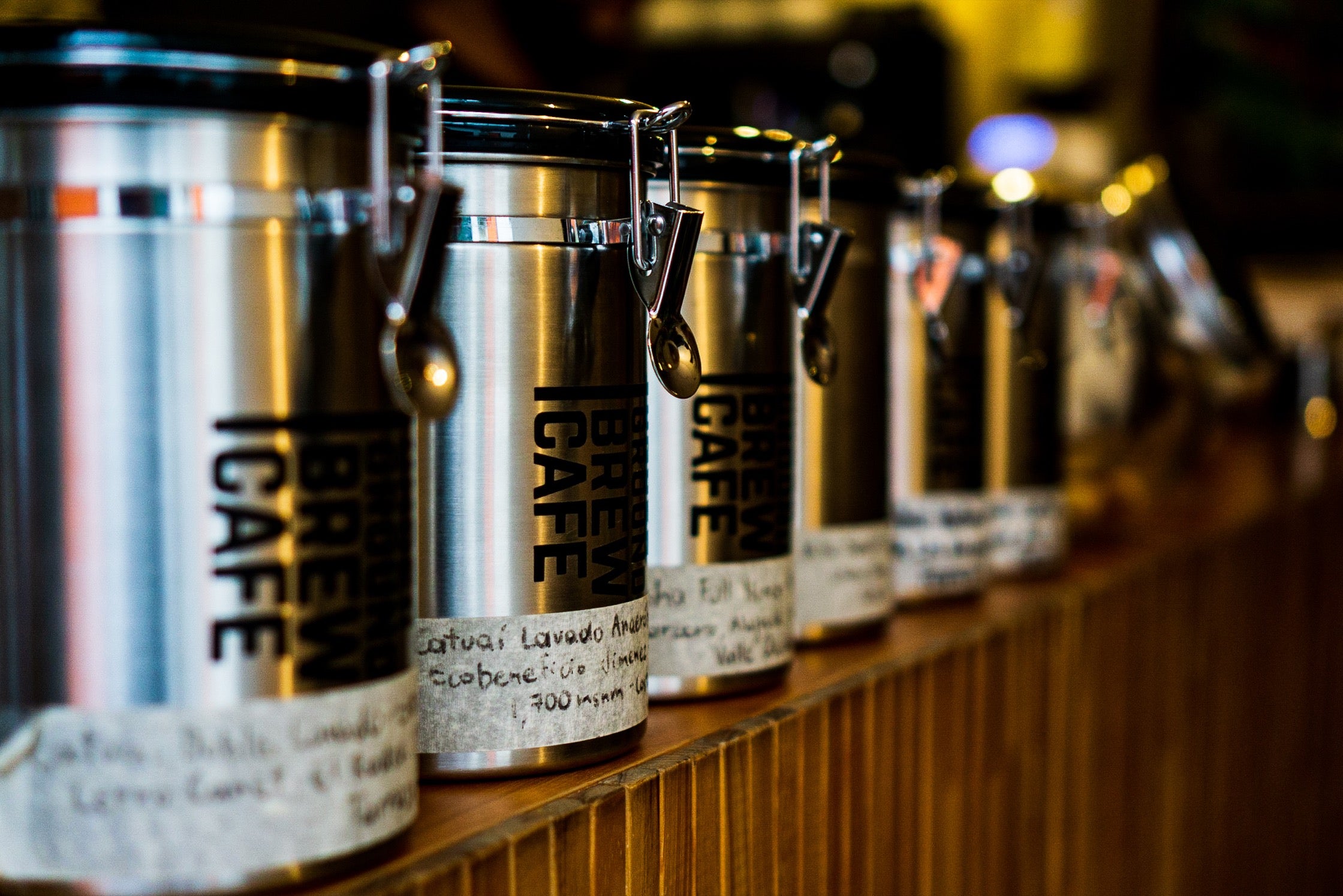 Airtight canisters of coffee at Underground Brew Cafe