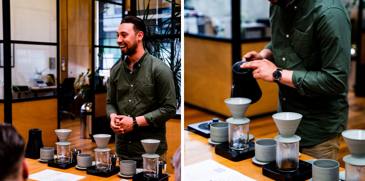 Two photos of Charlie demonstrating the pour-over brewing process