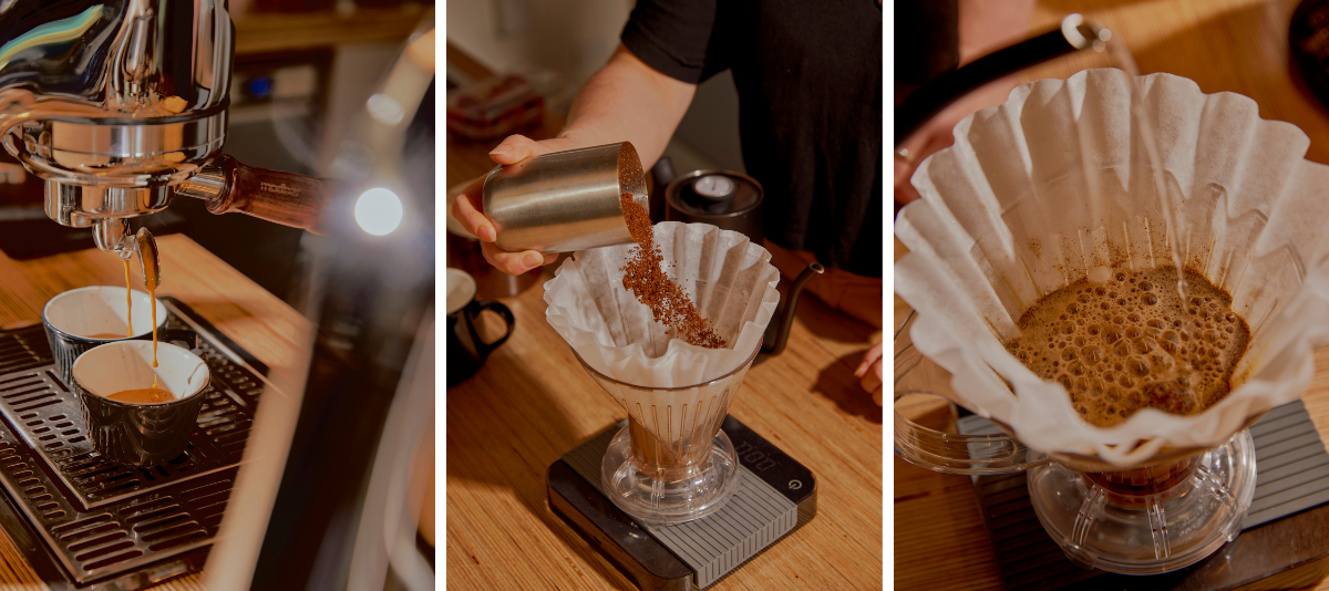 Three photos of Sow coffee being weighed and prepared.