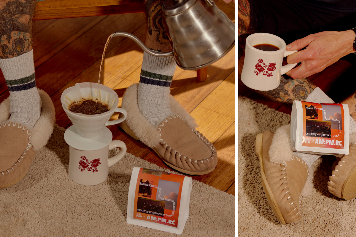 Two photos of someone in slippers, using a pour-over to enjoy Sow coffee from a mug.