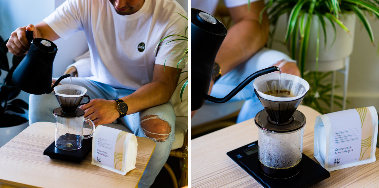 Two photos of Charlie adding water to the pour-over