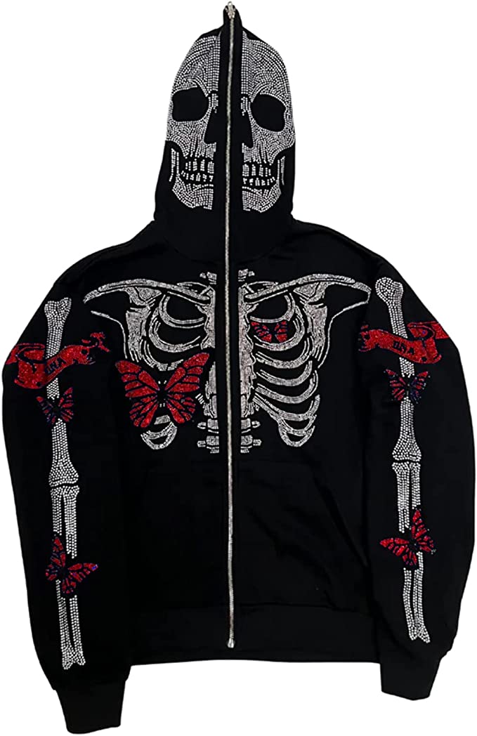 Men's Butterfly Skeleton Rhinestone Hoodie (Brown/ Red)