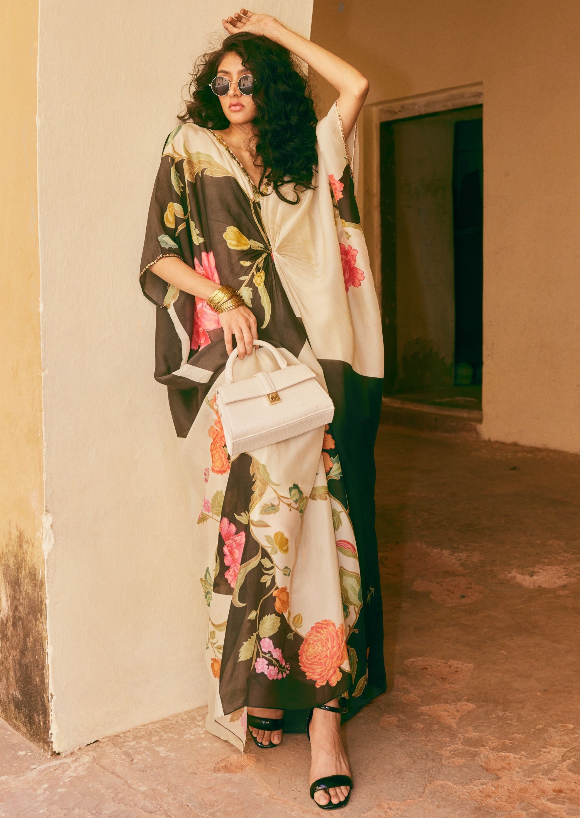 Black Floral Print Kaftan