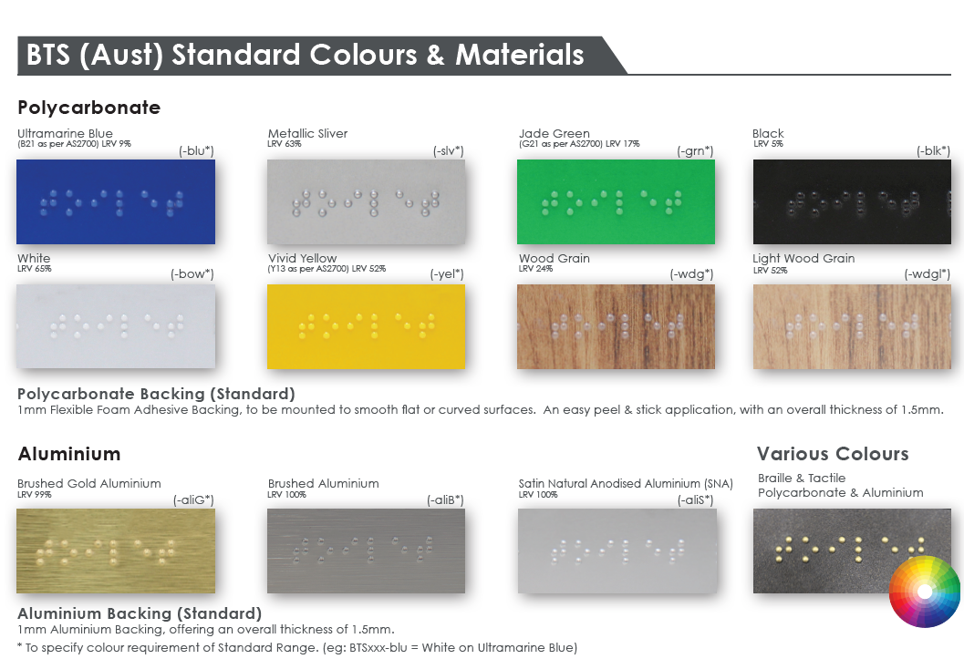 BTS (Aust) Standard Colours & Materials - Luminance Contrast