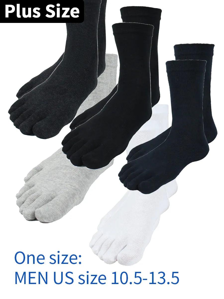Plus size men's toe socks in black, gray, and white for US size 10.5-13.5.