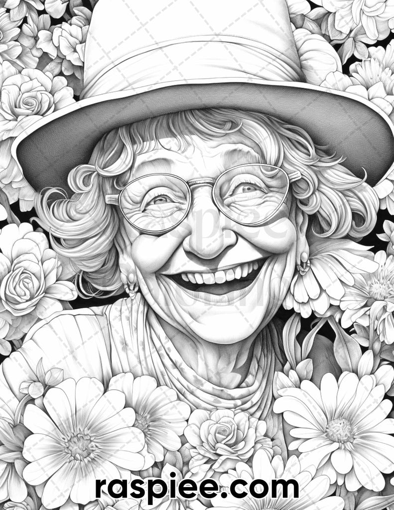 Funny Grandma Grayscale Adult Coloring Pages