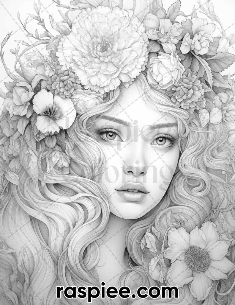 Flower Beauties Grayscale Adult Coloring Pages