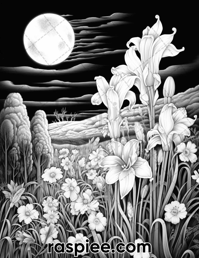 Flowers Under Moonlight Grayscale Coloring Page