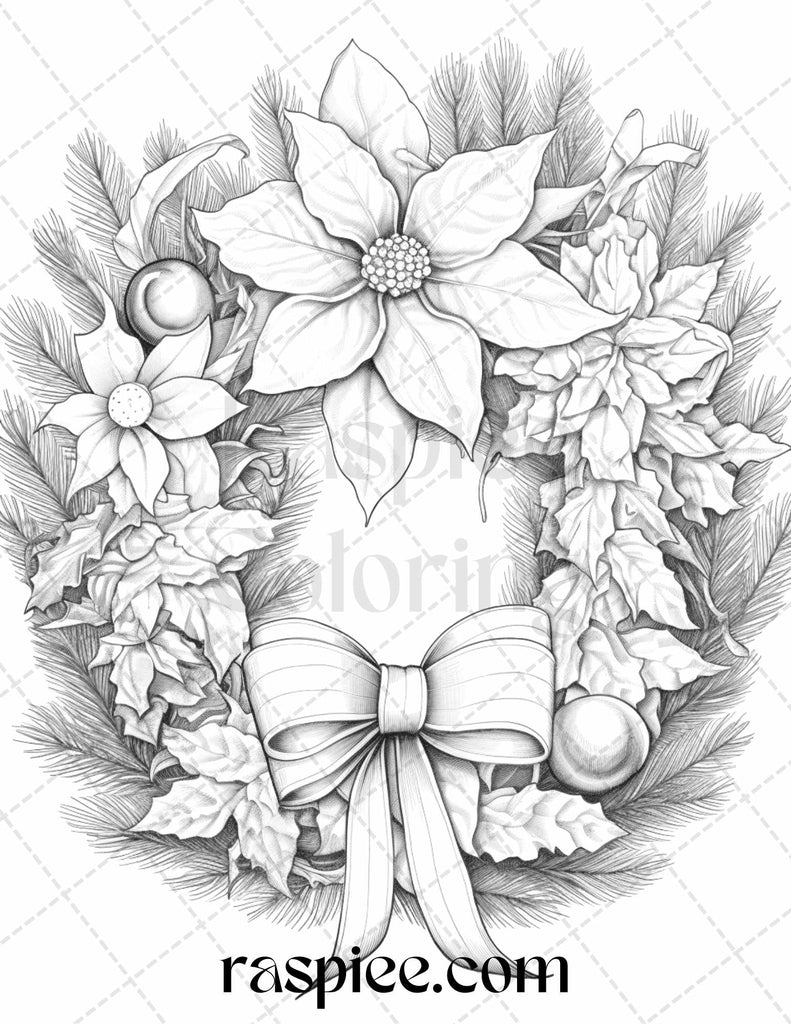 Christmas Wreath Grayscale Coloring Pages