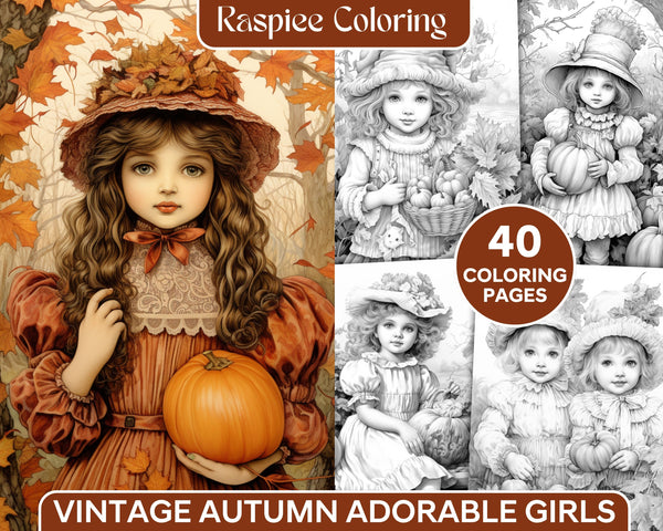 Vintage Autumn Adorable Girls Grayscale Coloring Pages