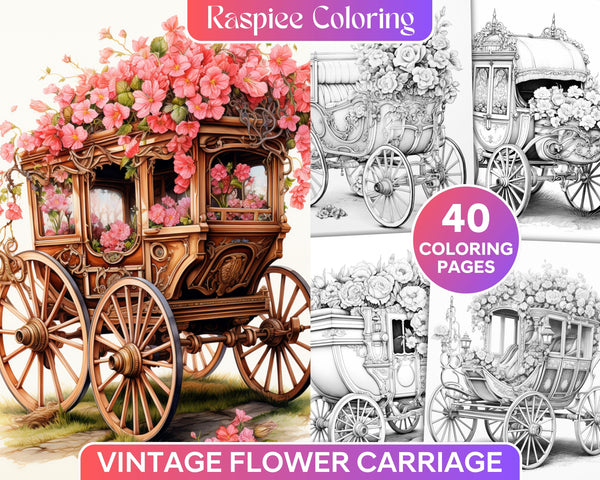 Vintage Flower Carriage Grayscale Coloring Pages