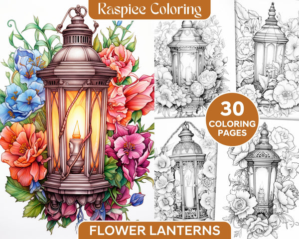 Vintage Lantern Flower Grayscale Coloring Pages