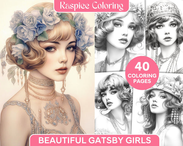 Beautiful Gatsby Girls Grayscale Coloring Pages