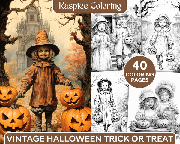 Vintage Halloween Trick or Treat Grayscale Coloring Pages