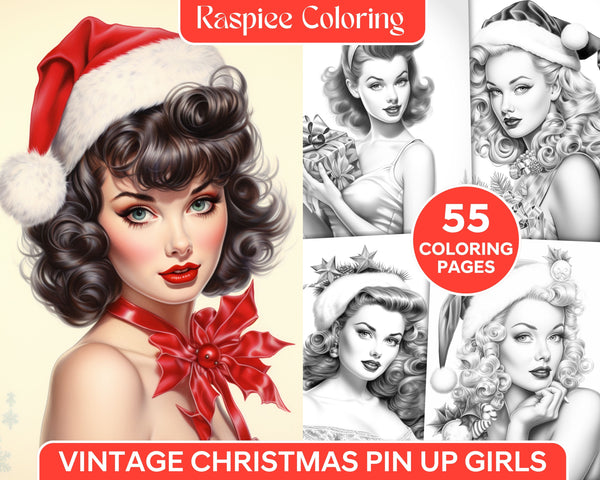 Vintage Christmas Pin-Up Girls Grayscale Coloring Pages