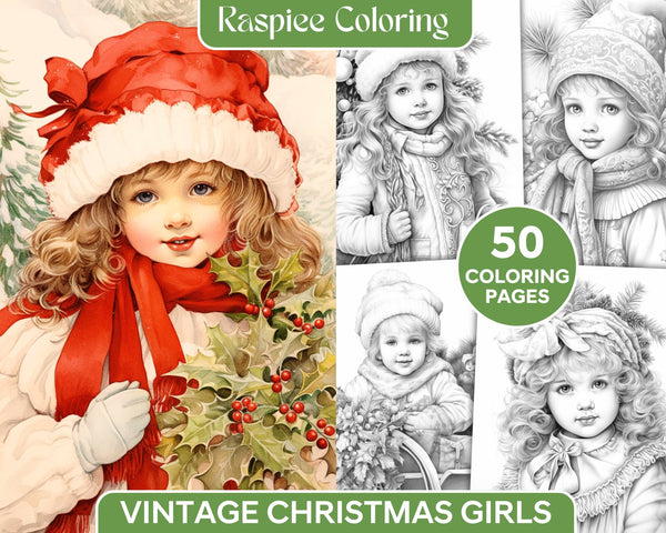 Vintage Christmas Girls Grayscale Coloring Pages
