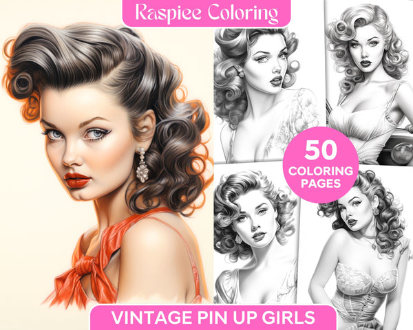 Vintage Pin-Up Girls Grayscale Coloring Pages