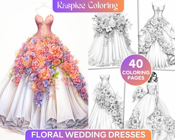 Elegant Floral Wedding Dresses Coloring Pages