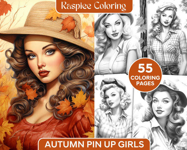 Autumn Pin-Up Girls Grayscale Coloring Pages