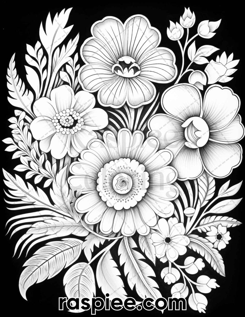 Folk Art Florals Grayscale Coloring Pages