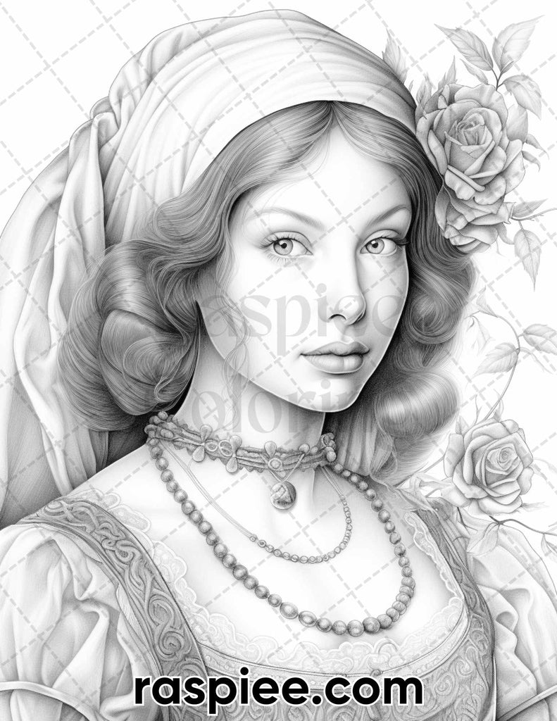 Renaissance Beauties Grayscale Adult Coloring Pages