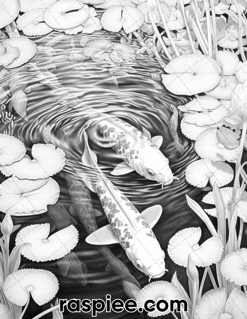 Tranquil Koi Pond Grayscale Coloring Pages