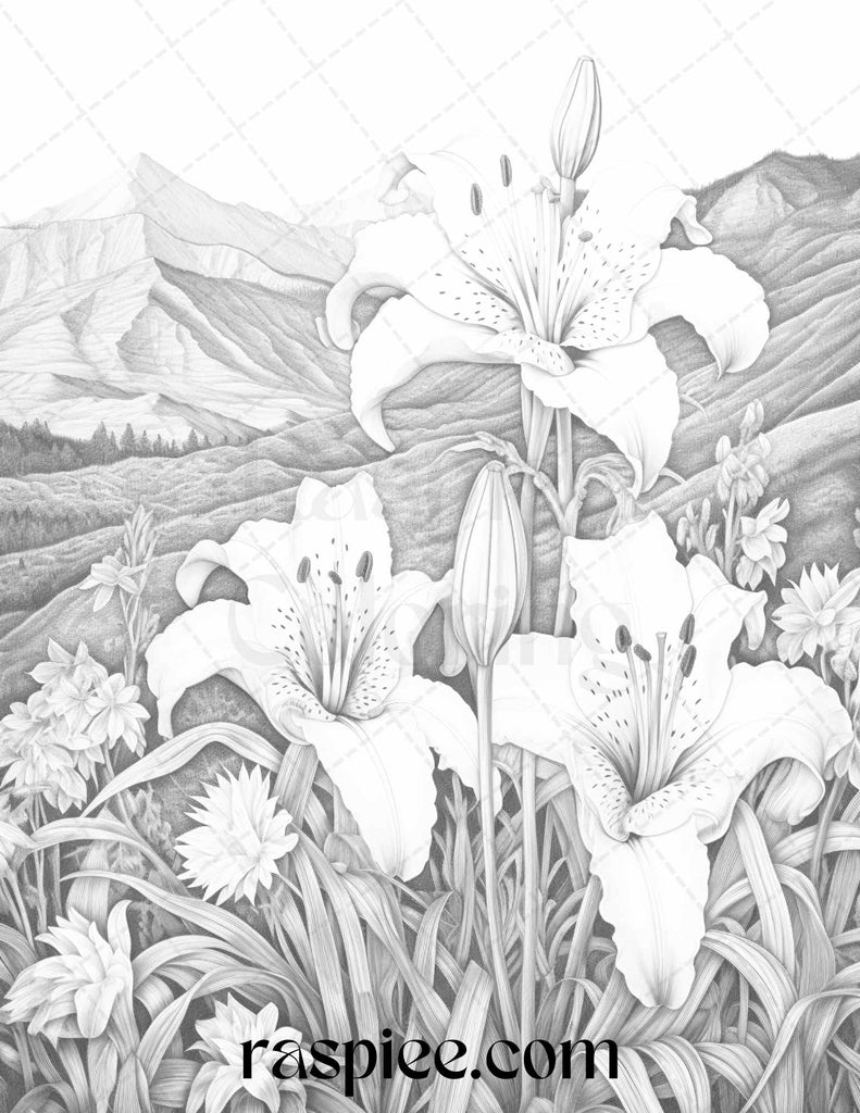 Mountain Flower Landscapes Grayscale Coloring Page