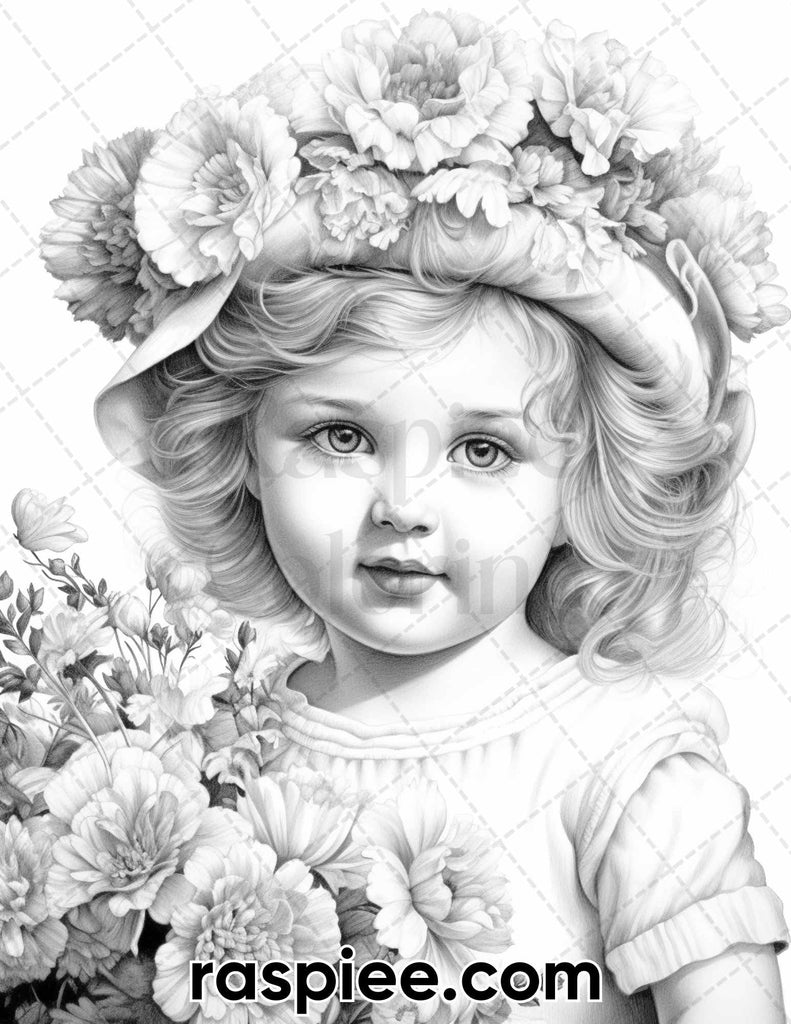 Spring Vintage Girls Grayscale Coloring Pages