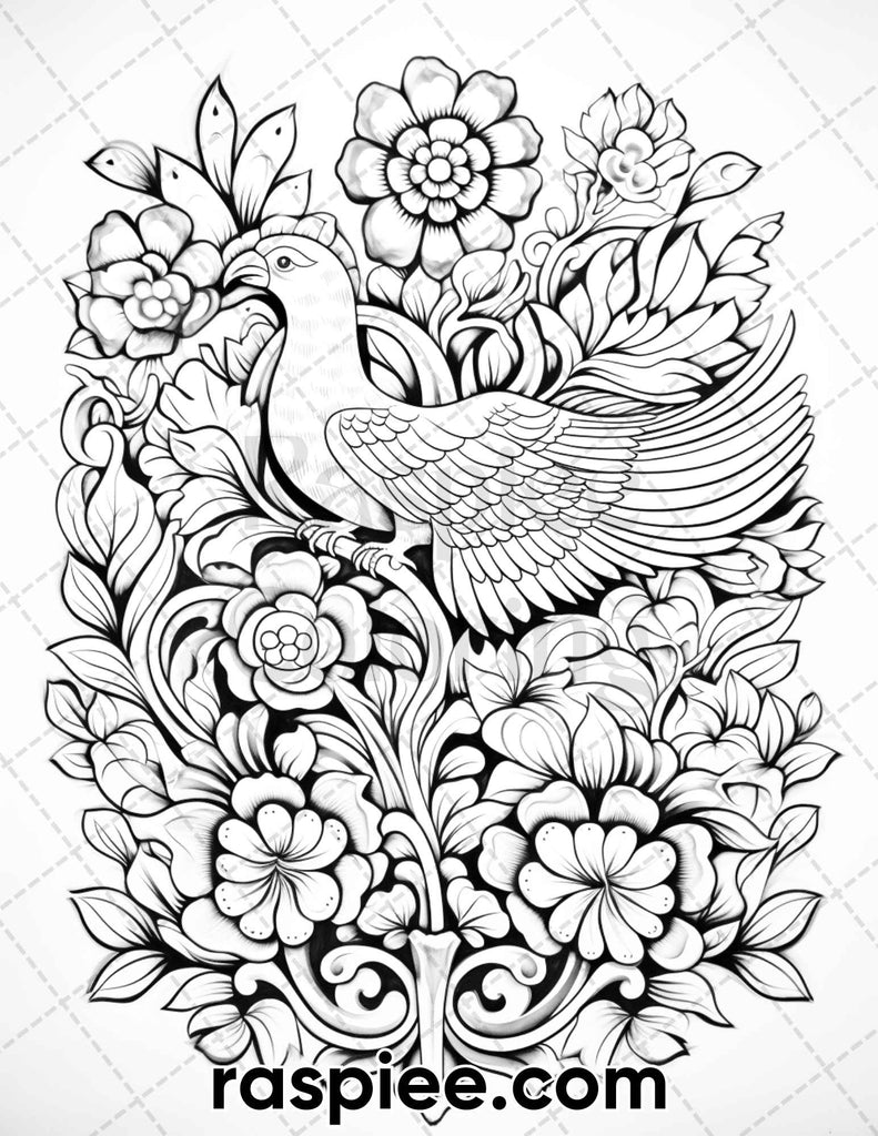 Folk Art Florals Grayscale Coloring Page