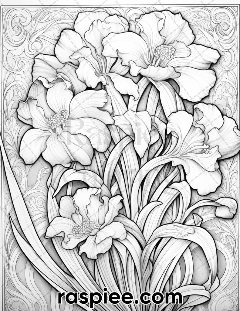 Art Nouveau Flowers Graysale Coloring Page