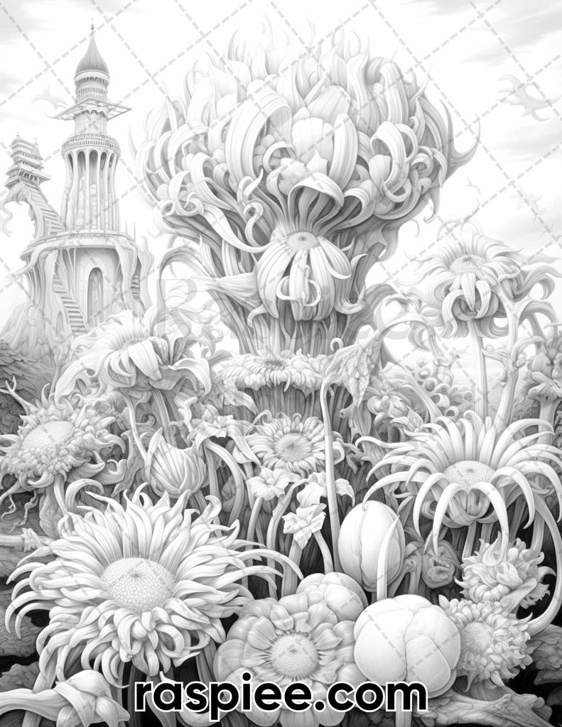Fantasy Flowers Grayscale Coloring Pages