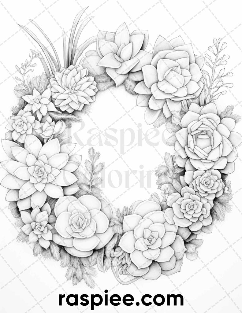 Spring Floral Wreaths Grayscale Coloring Page